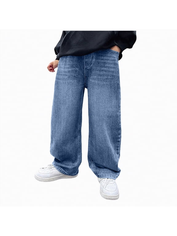 Boy Baggy Jeans Straight Wide Leg Elastic Waist Loose Denim Pants with Pockets Jeans Boys (Light Blue,5-6 Years)