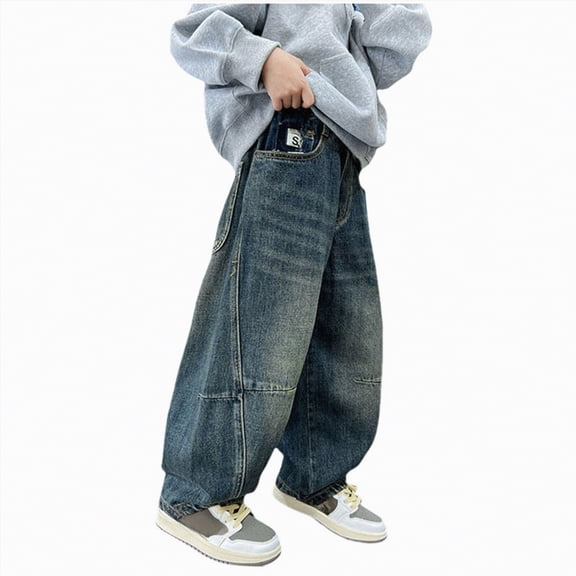 CAICJ98 Boy Baggy Jeans Vintage Straight Wide Leg Denim Cargo Pants with Pockets Jeans for Boys (Blue,9-10 Years)