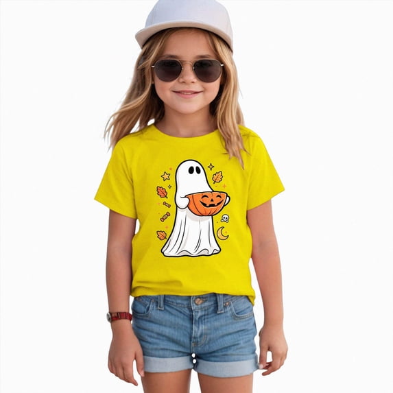 CAICJ98 Boy Girl Halloween Shirt Pumpkin Ghost T-Shirts Kids Boo Tees Spooky Tops Short Sleeve Toddler Halloween Tshirt (Yellow,11-12 Years)