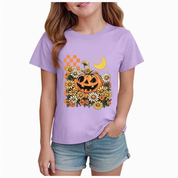 CAICJ98 Boy Girl Halloween Shirt Pumpkin Tshirt Kids Short Sleeve Funny Ghost Tee Tops Toddler Halloween Shirt (Purple,5-6 Years)