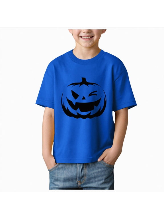 Boy Girl Halloween Shirt Short Sleeve Crew Neck T Shirts Kids Ghost Pumpkin Tees Tops Halloween Toddler Shirts (Blue,11-12 Years)