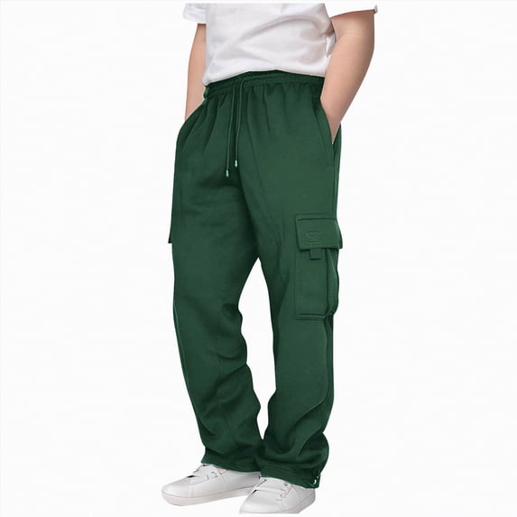 CAICJ98 Boy's Baggy Sweatpants Straight Wide Leg Open Bottom Athletic Joggers with Pockets Elastic Waist Casual Boys Athletic Pants (Dark Green,9-10 Years)