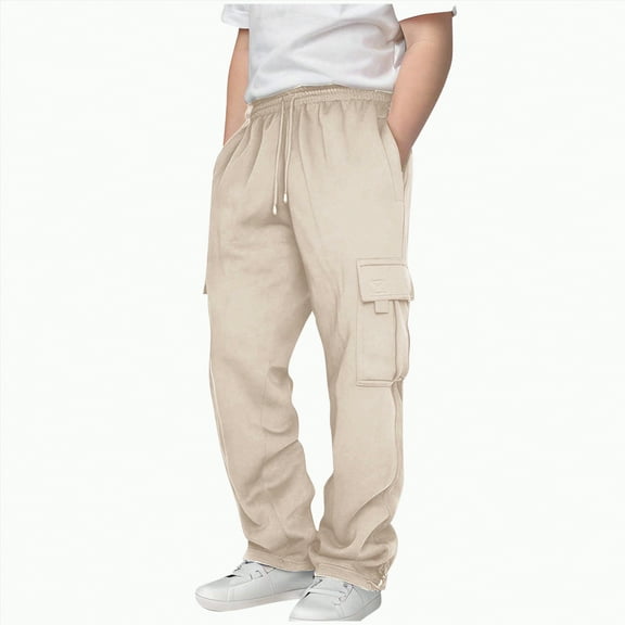 CAICJ98 Boy's Baggy Sweatpants Straight Wide Leg Open Bottom Athletic Joggers with Pockets Elastic Waist Casual Boys Jogger Pants (Beige,13-14 Years)