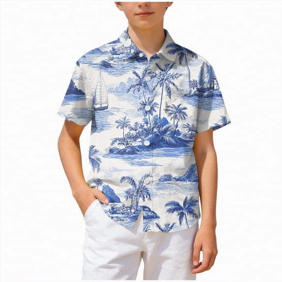 CAICJ98 Boy's Hawaiian Shirt Short Sleeve Casual Button Down Beach Aloha Shirt Kids Summer Shirts (Navy,5-6 Years)