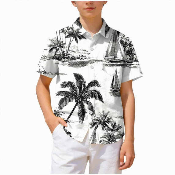 CAICJ98 Boy's Hawaiian Shirt Tropical Beach Short Sleeve Kids Casual Summer Shirt (Black,9-10 Years)