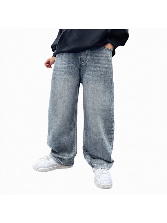 Boys Baggy Jeans Y2k Wide Leg Loose Cargo Jeans Elastic Waist Denim Pants Trousers Streetwear Jeans Boys (Blue,13-14 Years)
