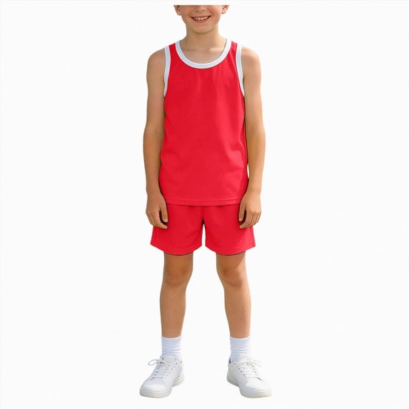 CAICJ98 Boys Girls Clothes Sleeveless Crewneck Breathable Tank Tops and Summer Shorts Sport Outfit 2pcs Sets (Red,9-10 Years)
