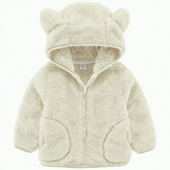 CAICJ98 Boys Girls Fleece Jacket Sherpa Flannel Fuzzy Zip Up Bear Ears Hooded Toddler Winter Coat Warm Kids Thermal Wool Thermal Sweaters (White,4-5 Years)