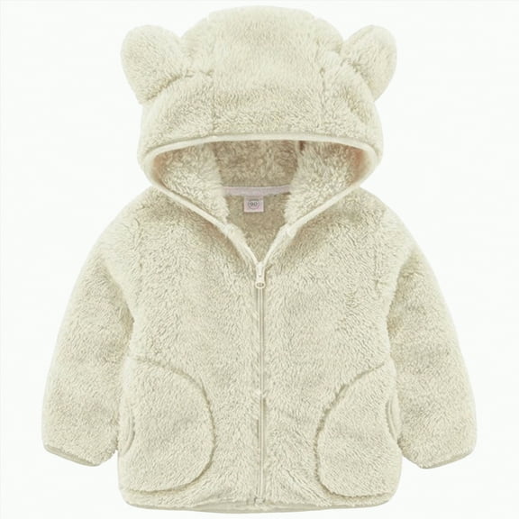 CAICJ98 Boys Girls Fleece Jacket Sherpa Flannel Fuzzy Zip Up Bear Ears Hooded Toddler Winter Coat Warm Kids Thermal Wool Thermal Sweaters (White,4-5 Years)