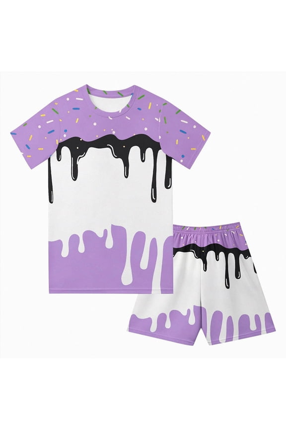 Boys Girls Outfit Summer Clothes 2 Piece Ice Cream Drip Baseball Crewneck Short Sleeve Tee Shirts and Summer Drawstring Shorts Set (Light Purple,4-5 Years)