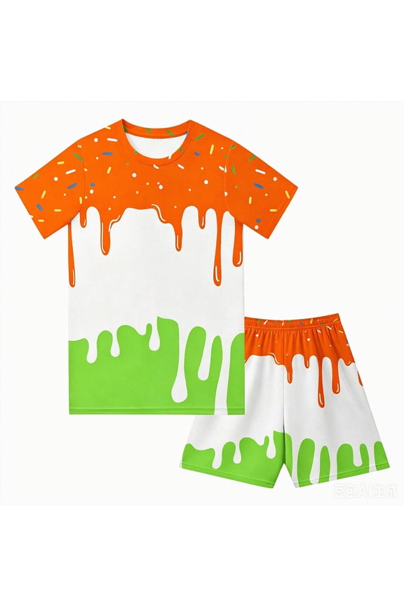 Boys Girls Outfit Summer Clothes 2 Piece Ice Cream Drip Baseball Crewneck Short Sleeve Tee Shirts and Summer Drawstring Shorts Set (Orange,5-6 Years)