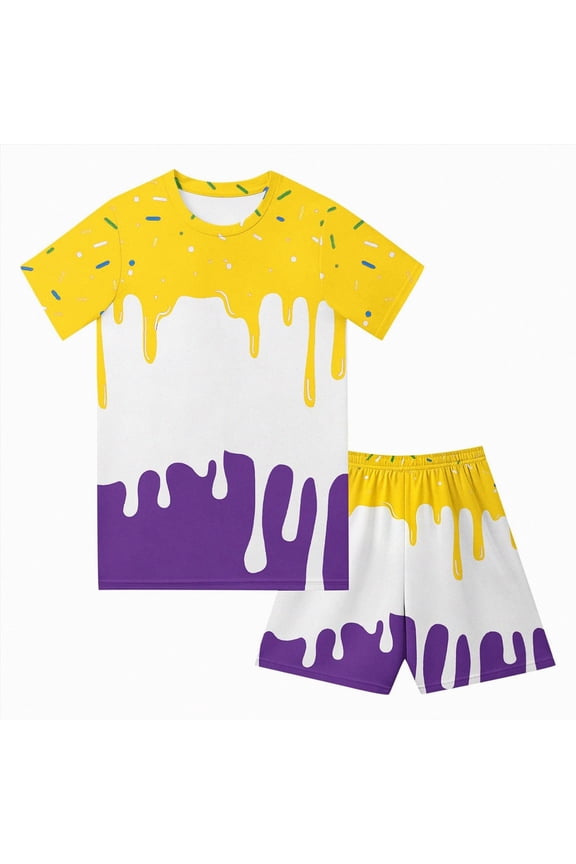 Boys Girls Outfit Summer Clothes 2 Piece Ice Cream Drip Baseball Crewneck Short Sleeve Tee Shirts and Summer Drawstring Shorts Set (Yellow,6-7 Years)