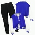 thumbnail image 1 of CAICJ98 Boys Girls Outfits Color Block Long Sleeve Button Down Varsity BaseBall Jacket and Jogger Pants Sweatsuits Toddler Kids Fall Winter Clothes Sets (Blue,7-8 Years), 1 of 5