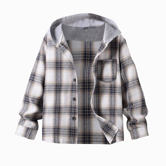 CAICJ98 Boys Girls Plaid Flannel Shirts Unisex Kids Long Sleeve Casual Button Down Shirt with Hood (Grey,9-10 Years)