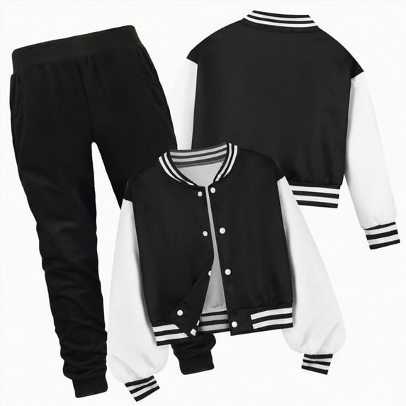CAICJ98 Boys Girls Sweatsuit Toddler Fall Winter Outfits Color Block Long Sleeve Varsity BaseBall Jacket Button Down Pants Set (Black,7-8 Years)