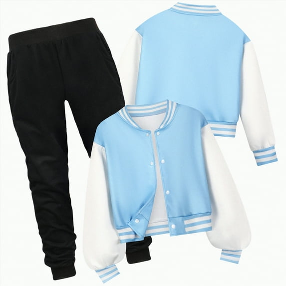 CAICJ98 Boys Girls Sweatsuits 2 Piece Fall Winter Outfits Toddler Kids Color Block Long Sleeve Button Down Top Varsity BaseBall Jacket and Sweatpants Clothes Set (Light Blue,9-10 Years)
