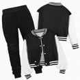 thumbnail image 1 of CAICJ98 Boys Girls Sweatsuits 2 Piece Fall Winter Outfits Toddler Kids Color Block Long Sleeve Button Down Top Varsity BaseBall Jacket and Sweatpants Clothes Set (Black,13-14 Years), 1 of 5