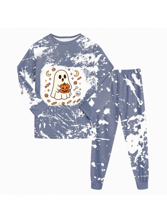 Boys Halloween Pajamas Pumpkin Ghost Toddler Pajamas Girls Long Sleeve Soft Cotton Pjs Sets Kids 2Pcs Sleepwear (5-6 Years,Grey)