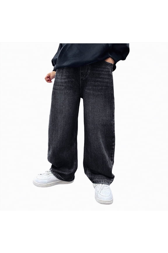 Boys' Jeans Casual Straight Leg Denim Pants Elastic Waist Loose Wide Leg Jean Pants with Pocket Baggy Jeans for Boys (Black,7-8 Years)