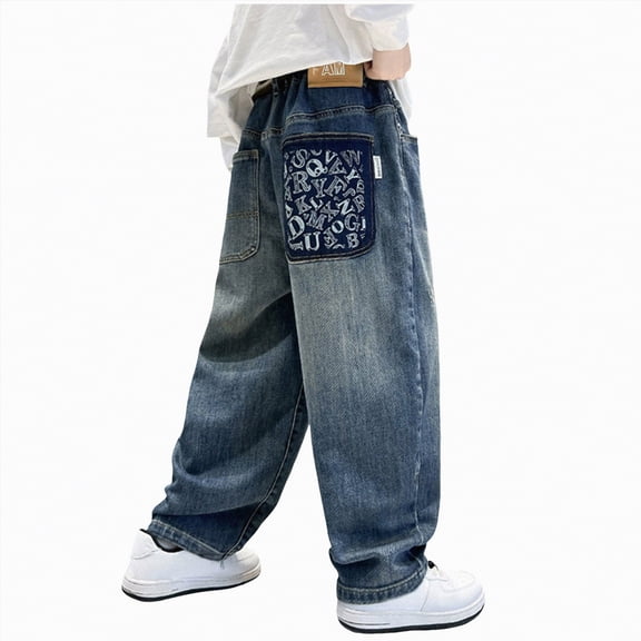 CAICJ98 Boys' Jeans Casual Straight Wide Leg Denim Pants Kids Trendy Back to School Clothes Elastic Waist Preppy Trouser Baggy Jeans for Boys (Blue,9-10 Years)
