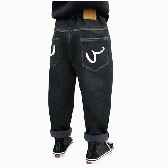 CAICJ98 Boys Jeans Fleece Lined Wide Leg Cargo Jeans Winter Warm Elastic Waist Loose Fit Denim Pant Y2K Streetwear Baggy Jeans Boys (Black,15-16 Years)