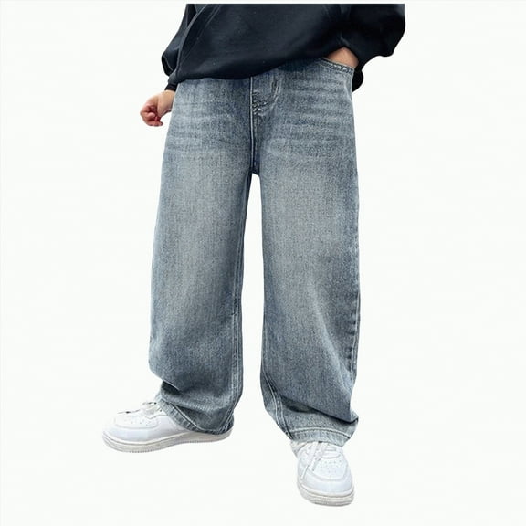 CAICJ98 Boys Jeans Wide Leg Elastic Waist Denim Pants Loose Fit Trousers Vintage Y2K Streetwear Baggy Jeans for Boys (Blue,9-10 Years)