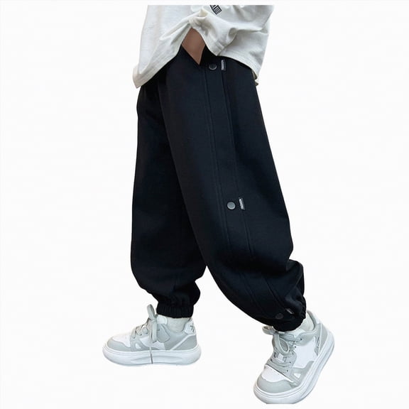 CAICJ98 Boys Jogger Pants Wide Leg Baggy Sweat Pants Open Bottom Elastic Waist Youth Trousers Athletic Workout Sweat Pants for Boys (Black,11-12 Years)