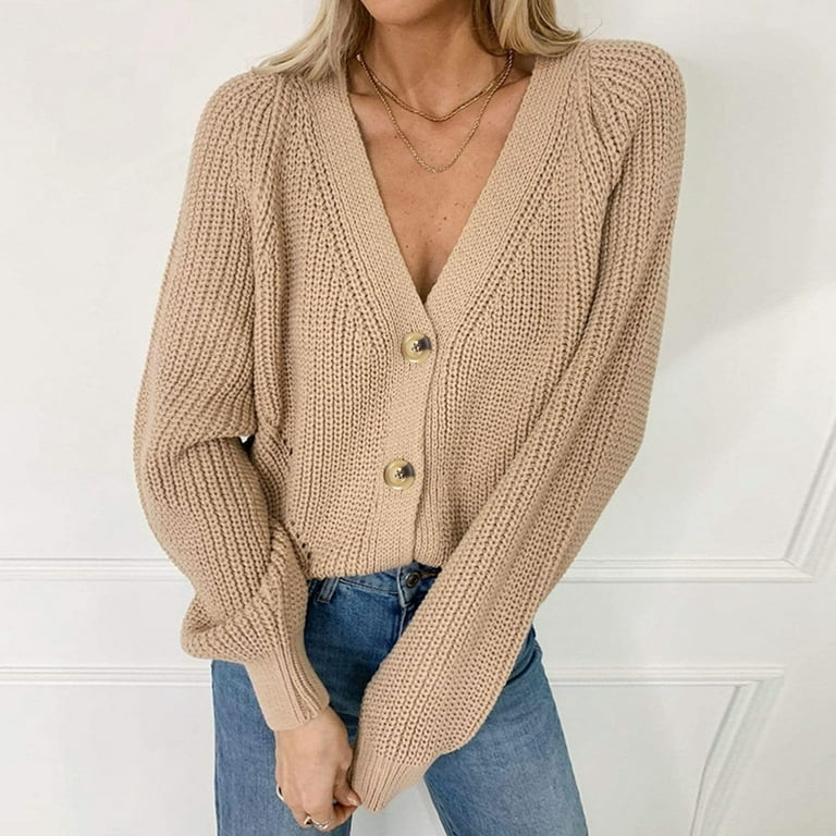 CAICJ98 Womens Coats Fall Women Knit Top Long Sleeve Button Soft Basic  Classic Ribbed Cardigan Sweater Beige,L