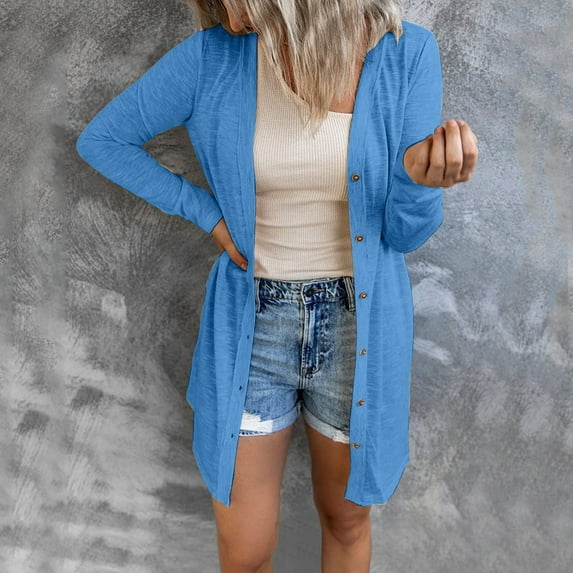 CAICJ98 Cardigan for Women Fall Women's Long Sleeve V Neck Ribbed Button Knit Sweater Solid Color Tops Sky Blue,S