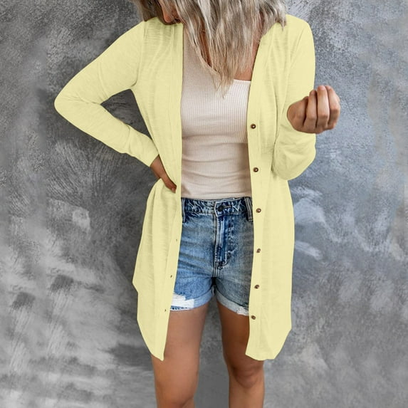 CAICJ98 Sweaters for Women 2023 Women's Casual Open Front Cardigan Long Knitted Sweaters with Pockets Yellow,XL