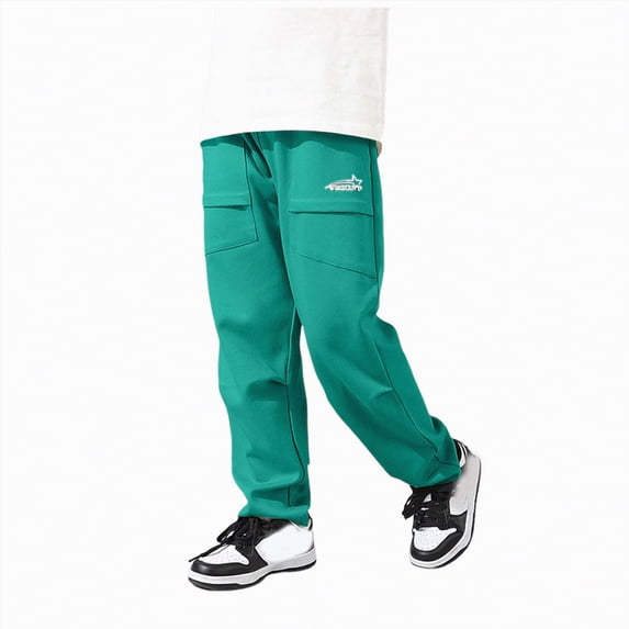 CAICJ98 Cargo Pants for Boys Children's Spring and Summer Solid Color Pocket Casual Sports Ankle Bound Work Pants Full Length Cargo Pants for Boys (Green,11-12 Years)