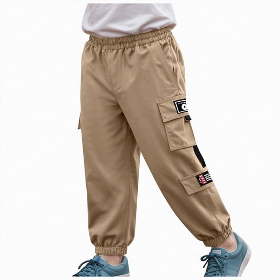 CAICJ98 Cargo Pants for Boys Children's Spring and Summer Solid Color Pocket Casual Sports Ankle Bound Work Pants Full Length Pants Boys (Khaki,3-4 Years)