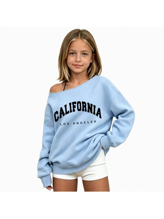 Cute Sweatshirts for Teen Girls Lightweight Off The Shoulder Shirts Kids Girls Oversized Letter Print Pullover Long Sleeve Y2K Trendy Loose Fit Tunic Tops, Size 4-5 Years