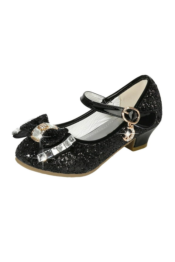 Dress Shoes for Girls Low Heel Princess Shoes Mary Jane Flower Wedding Party Glitter Shoes Black,10.5(Little Kid/Big Kid)