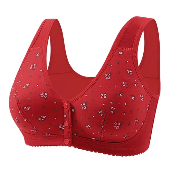 CAICJ98 Elder Woman Floral Wirefree Bra Front Button Closeure Soft Cotton Bra for Mom Grandma Gift Bra for Older Women Red,44