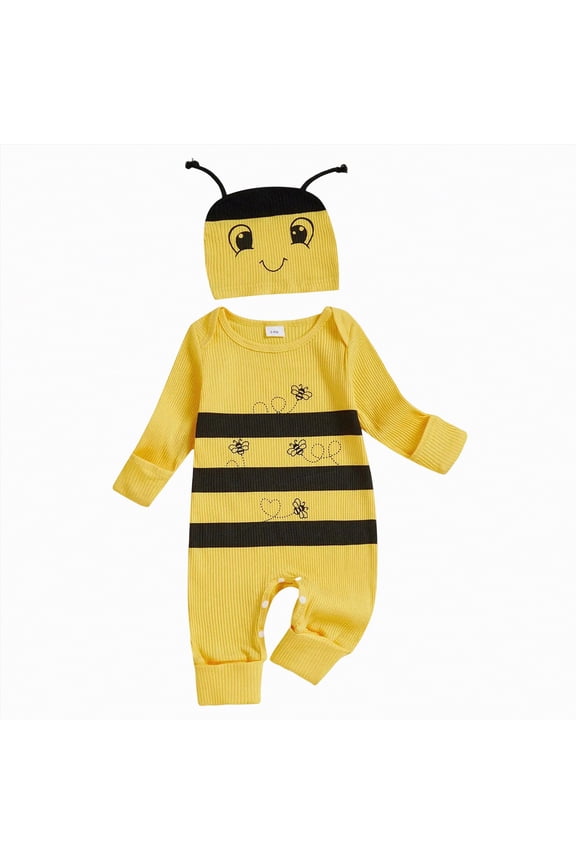 Fall Winter Newborn Clothes Infant Baby Girl Bee Romper Long Sleeve Knit Jumpsuit with Hat Baby Coming Home Spring Outfit (Yellow,Newborn)