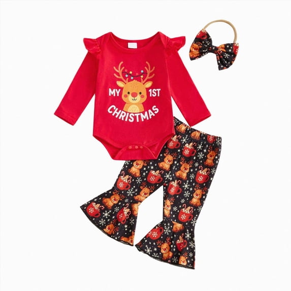 CAICJ98 My First Christmas Baby Girl Outfit Newborn Ruffle Long Sleeve Romper Flare Pants Set with Headband Infant Fall Winter Clothes, Size 12-18 Months