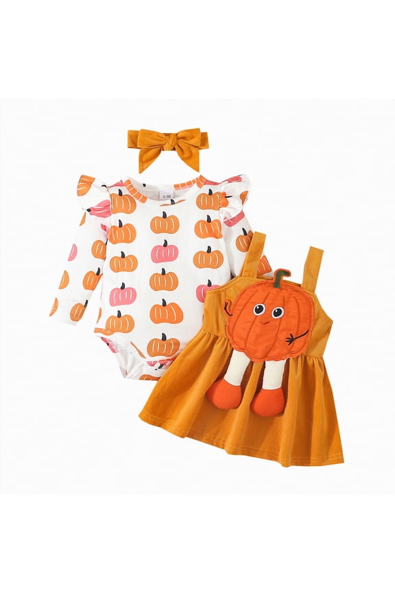 First Halloween Baby Boy Outfit Suspender Skirt Long Sleeve Newborn Ruffled Pumpkin Romper Baby Girl Dress Fall Clothes Infant Girls Gifts Orange,Size 12-18 Months