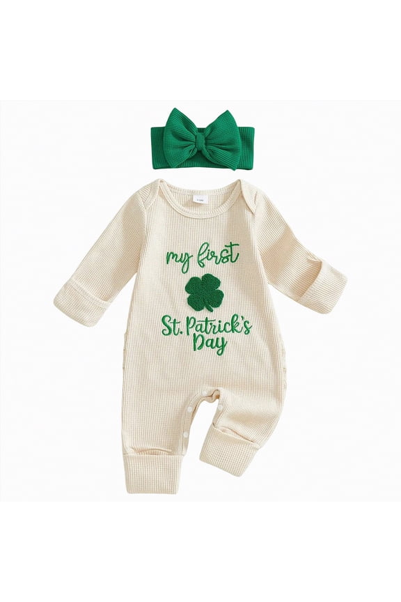 My First St Patricks Day Baby Boy Girl Outfit Cutest Little Lucky Charm Romper Jumpsuit Clover Onesie Newborn Infant Spring Clothes (Beige,Newborn)