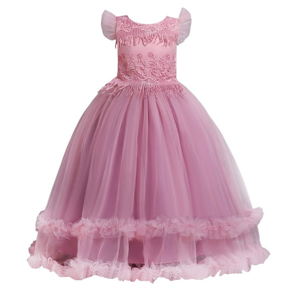 CAICJ98 Flower Girls Maxi Dress Bridesmaid Wedding Pageant Party Princess Dress for Girls Communion Floral Boho Vintage Lace Dance Gown Hot Pink,11-12 Years