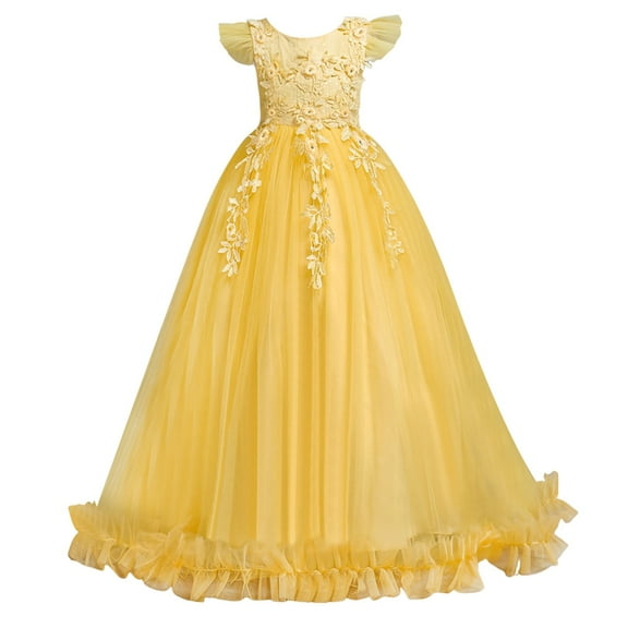 CAICJ98 Flower Girls Maxi Dress Bridesmaid Wedding Pageant Party Princess Dress for Girls Communion Floral Boho Vintage Lace Dance Gown Yellow,7-8 Years