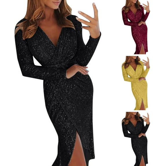 CAICJ98 Formal Dresses For Women Womens Deep V Neck Ruffle Sleeve Sheath Casual Party Work Wrap Dress Gold,L