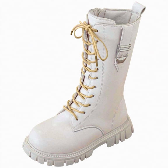 CAICJ98 Girl Boots Lace Up Combat Boots Mid Calf Boots PU Leather Side Zipper Punk Goth Cowgirl Booties Non Slip Horse Riding Boots for Girls (Little Kid/Big Kid),13.5