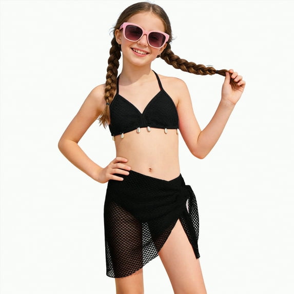 CAICJ98 Girl's 3 Piece Swimsuits with Cover Up Skirt Halter Triangle Bathing Suits for Girls Bikini Set (11-12 Years,Black)