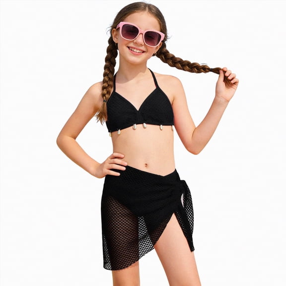 CAICJ98 Girl's 3 Piece Swimsuits with Cover Up Skirt Halter Triangle Bathing Suits for Girls Bikini Set (8-9 Years,Black)
