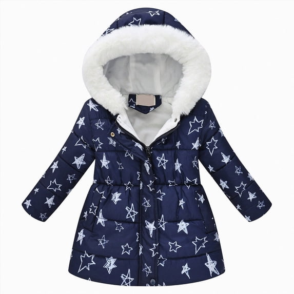 CAICJ98 Girl's Coat Winter Outwear Hooded Puffer Jacket Kids Parka Fleece Snow With Pocket (Blue,11-12 Years)