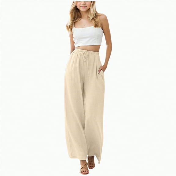 CAICJ98 Girl's Cotton Linen Palazzo Pants Flowy Wide Leg Beach Trousers with Pockets High Waisted Casual Comfy Girls Pants (Yellow,8-9 Years)