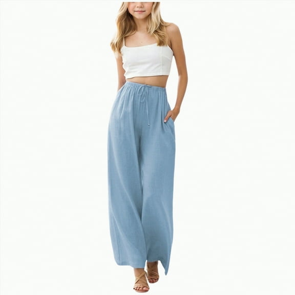 CAICJ98 Girl's Cotton Linen Palazzo Pants Flowy Wide Leg Beach Trousers with Pockets High Waisted Casual Comfy Girls Wide Leg Pants (Blue,8-9 Years)