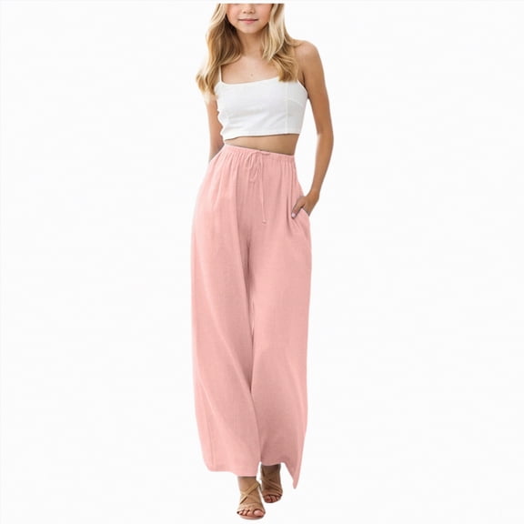 CAICJ98 Girl's Cotton Linen Palazzo Pants Flowy Wide Leg Beach Trousers with Pockets High Waisted Casual Comfy Pants for Girls (Pink,8-9 Years)