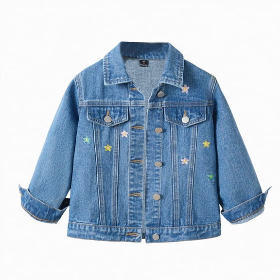 CAICJ98 Girl's Denim Jacket Button Down Collared Long Sleeve Flower Toddler Jean Jacket Y2K Outerwear for Toddler Kids (Light Blue,3-4 Years)